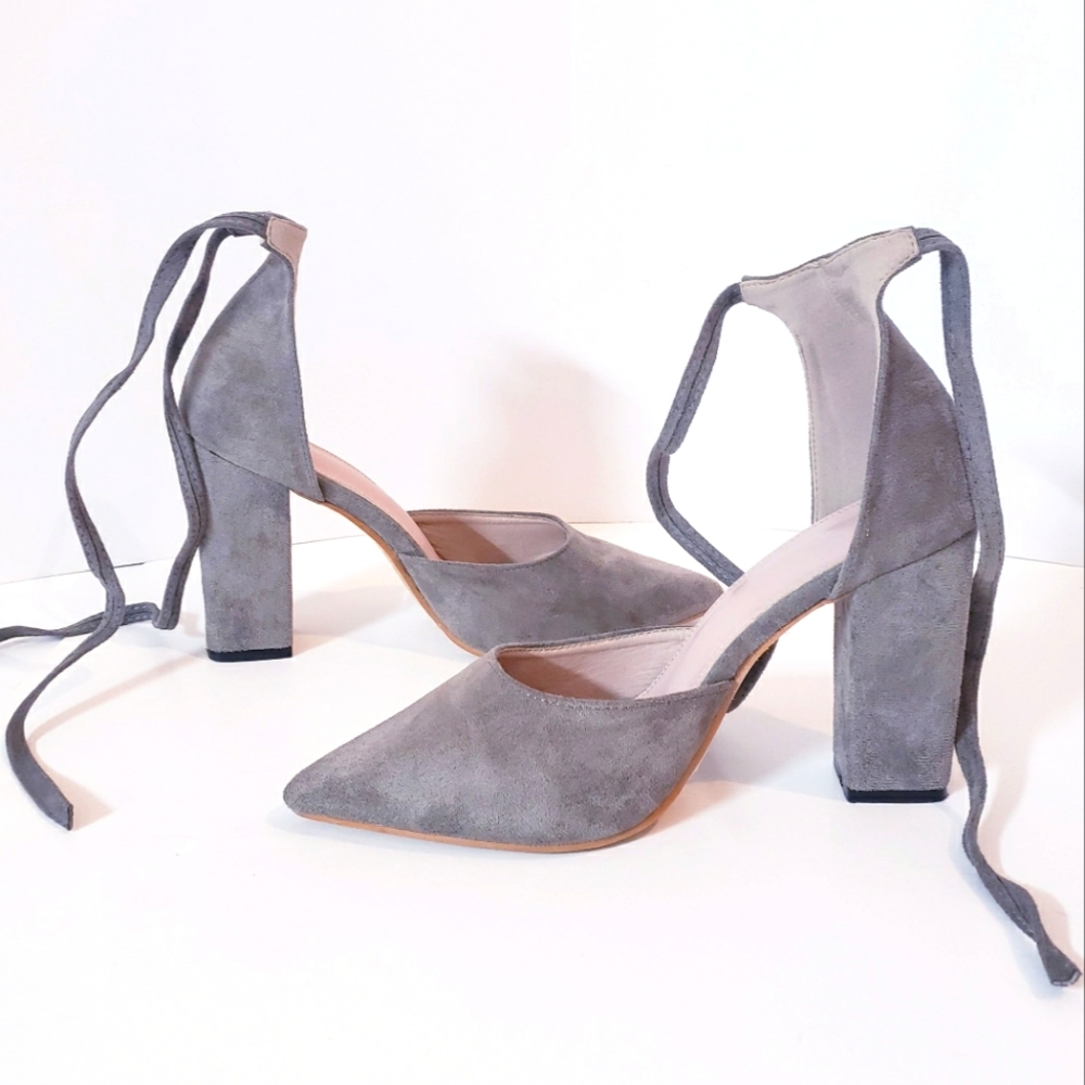Pumps Dark Gray Faux Suede Block Heels